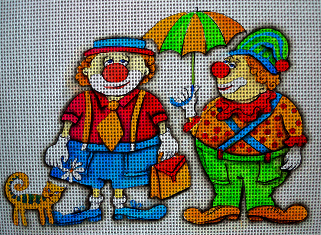 Needlepoint canvas 'Two Clowns with cat and umbrella' by Hromuh Nataliya