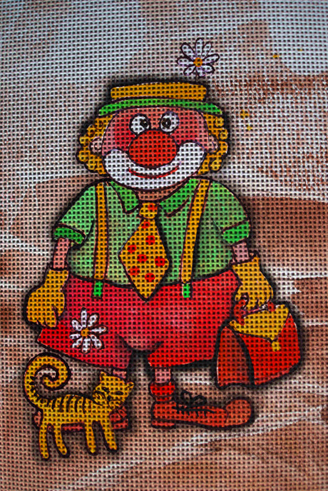 Needlepoint canvas 'Kliopa the clown with pussy' by Hromuh Nataliya