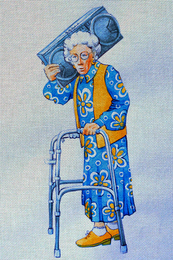 Needlepoint canvas 'Cute elderly Lady with tape recorder' by Hromuh Nataliya