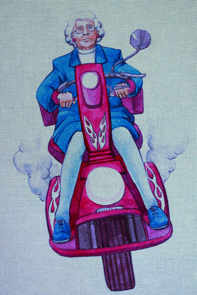 Needlepoint canvas 'Cute elderly Lady BIKER' by Hromuh Nataliya