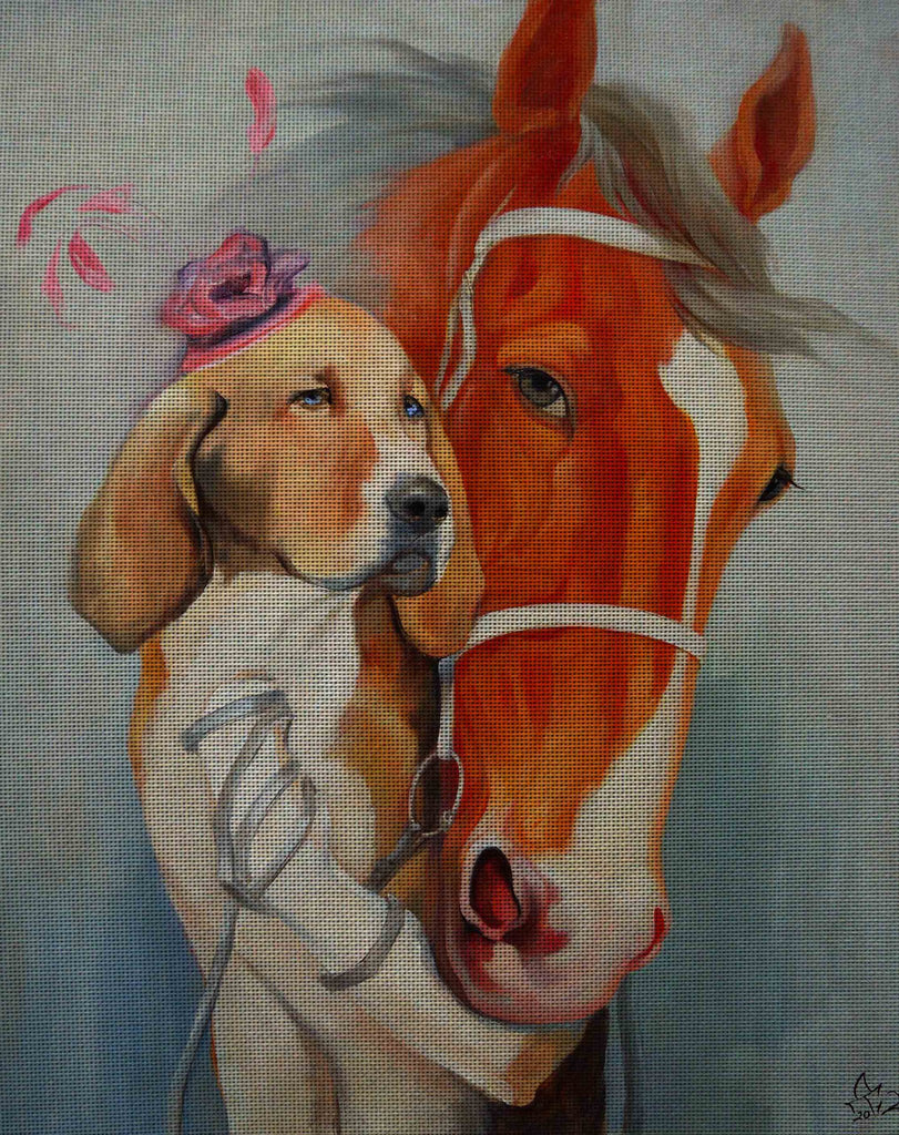 Needlepoint canvas 'Dog and horse.Keep on the a short leash'